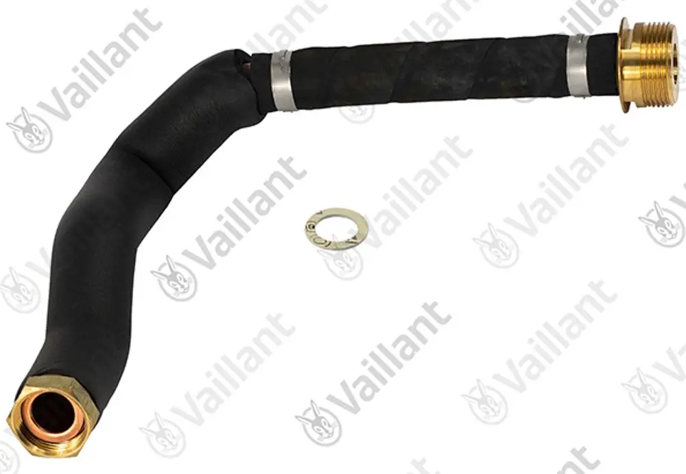 Vaillant Rohr mit gebogenem Design und goldenem Anschluss, umgeben von schwarzem Material. Ein Spülring ist ebenfalls abgebildet. Ideal für Heizungsinstallationen.